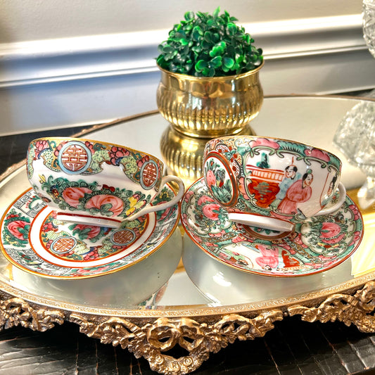 2 older Famille Rose porcelain cups and saucer sets  up