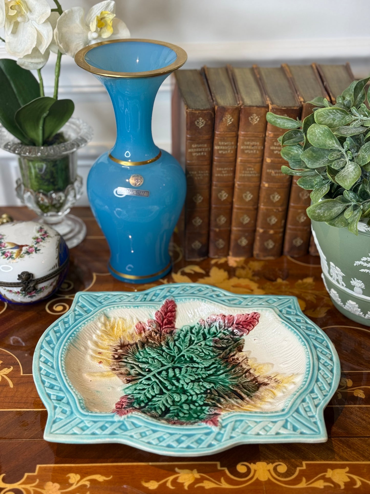 Antique French Majolica Fern & Leaf Serving Platter | Turquoise Basketweave Border | Victorian Faience | DA4528