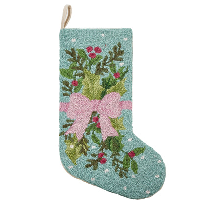 Holly Bow Wool Hook Christmas Stocking | Holiday Mantel Decor | 12" x 20"