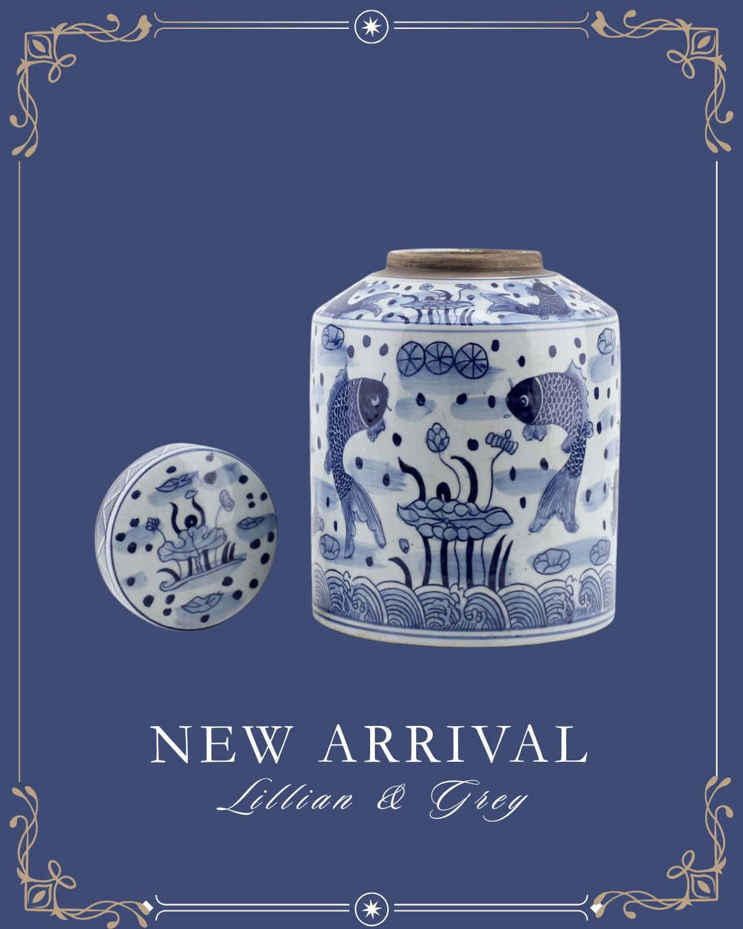 Danny's Fine Porcelain: Blue & White Lidded Tea Jar – Double Koi & Lotus Garden Motif | 8.5” x 11.5” | Chinoiserie Porcelain