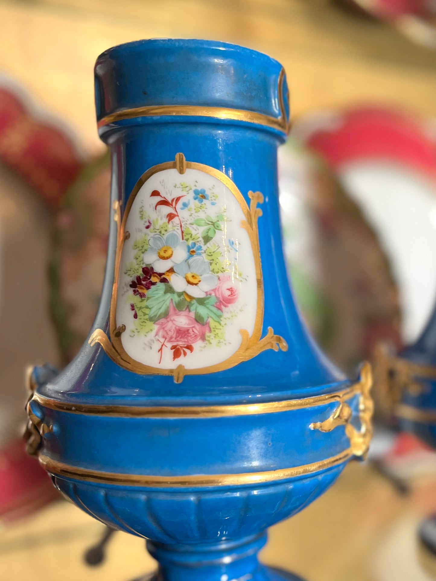 Pair Antique French Sèvres Porcelain Vases | Bleu Céleste | Hand-Painted Putti & Floral Panels | Marked c.1841