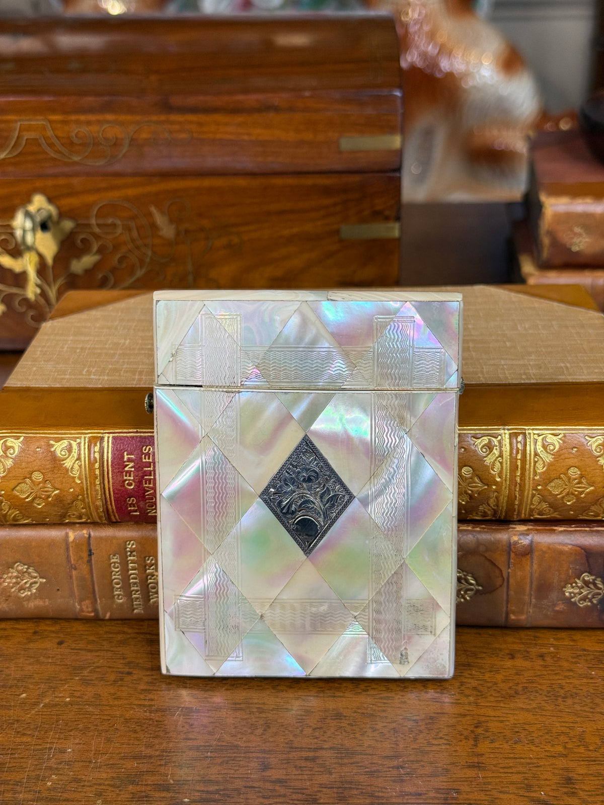Antique Victorian Mother of Pearl Calling Card Case with Engraved Silver Floral Cartouche, Original Blue Interior, c. 1860–1880 – 4”