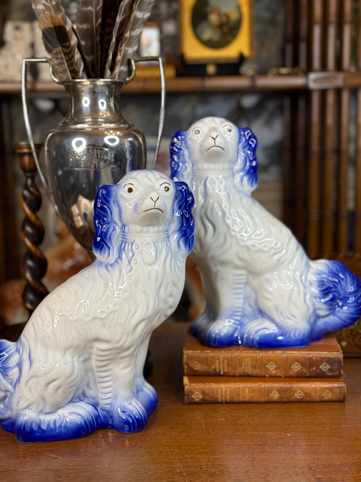 Pair of Vintage English Arthur Wood Staffordshire Spaniel Dogs, Cobalt Blue & White, c. 1930–1950 – 11.5”H