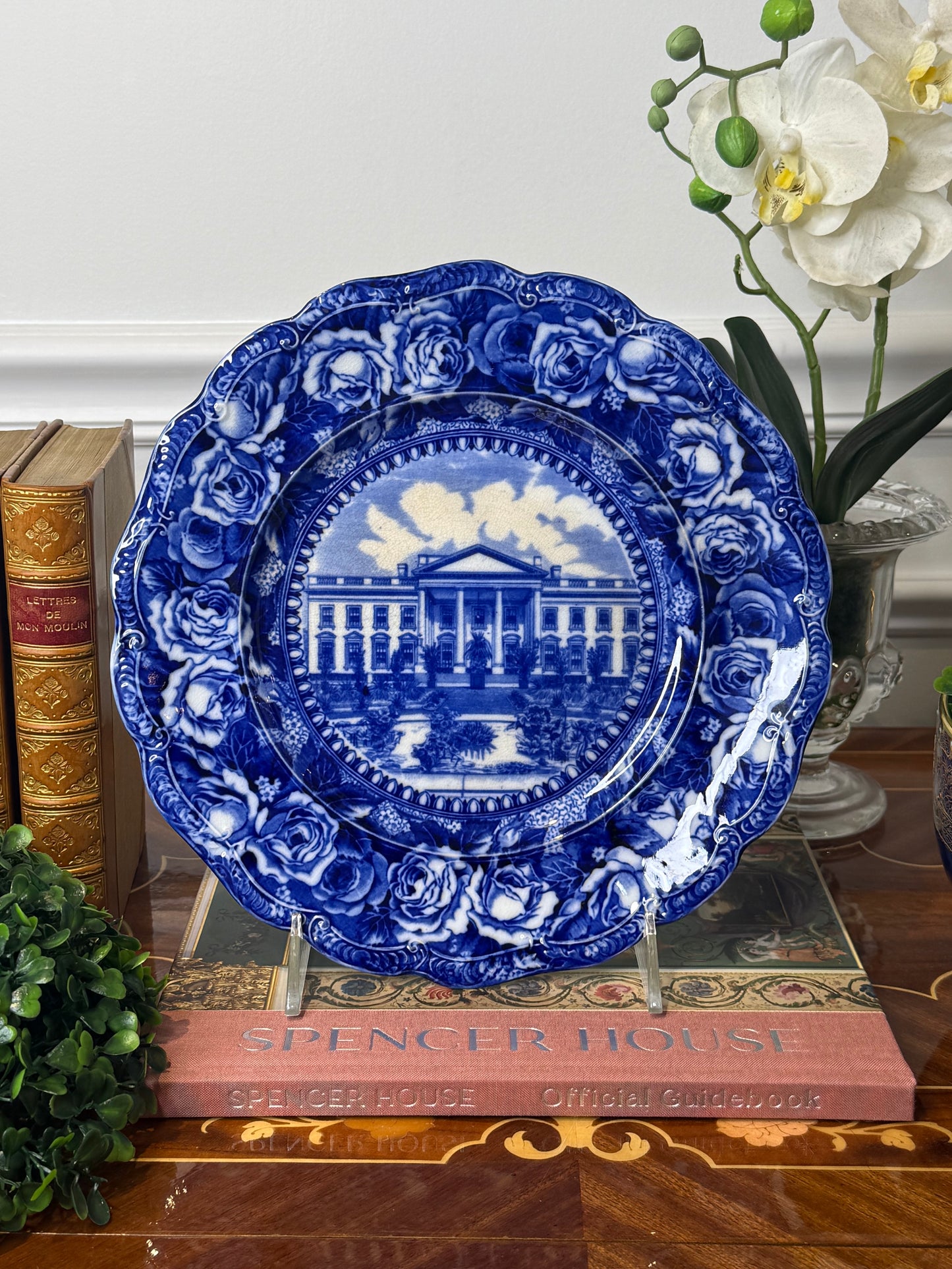 Antique Flow Blue White House Washington, D.C. Cabinet Plate | Floral Border | 10” D, Excellent!