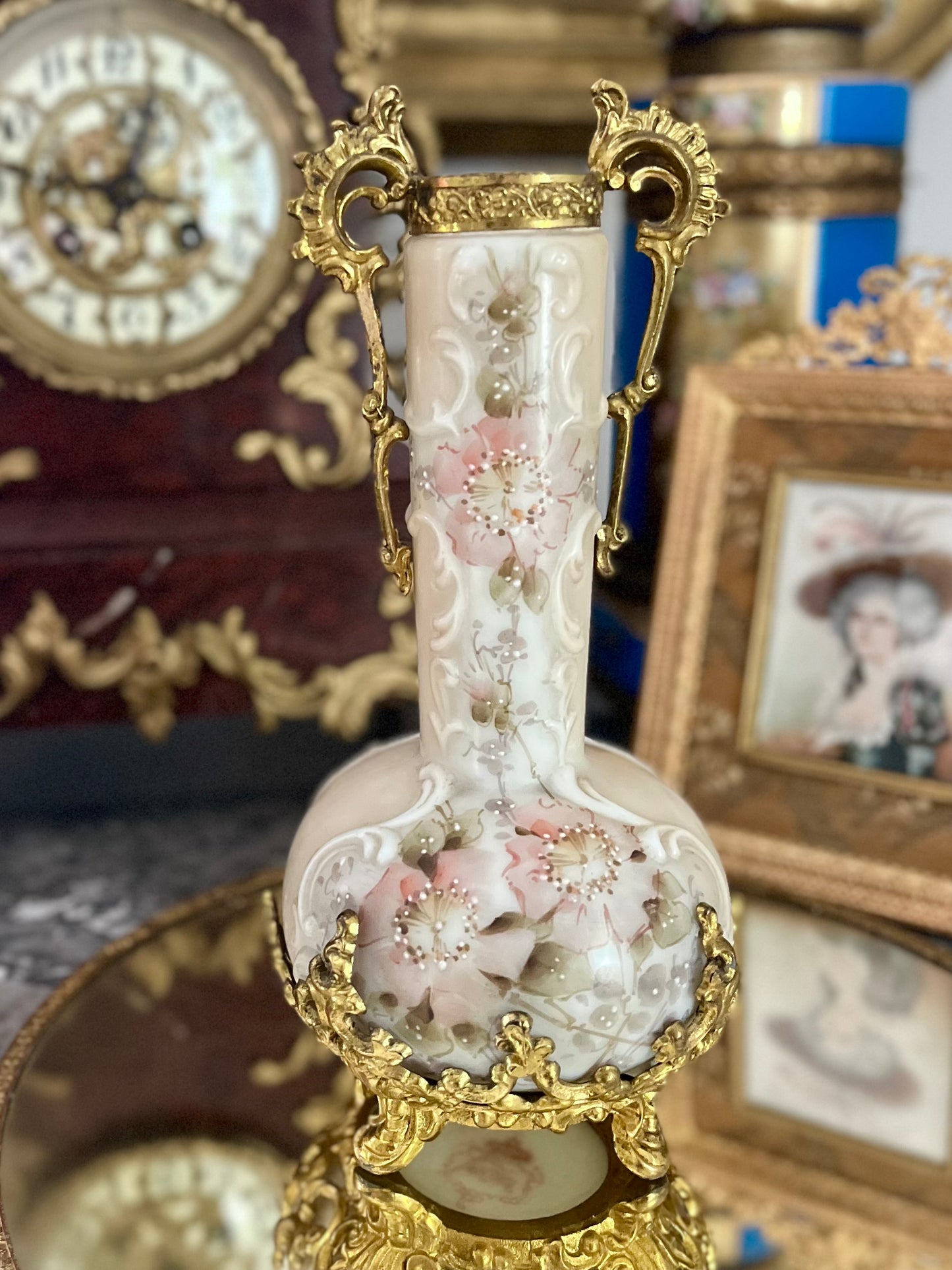Antique Wavecrest Bud Vase in Gilt Ormolu Mounts — C.F. Monroe, Hand-Painted Wild Roses