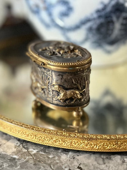 Live 08/25 Antique French Brass Bas Relief Hunt Scene Miniature Jewelry Casket