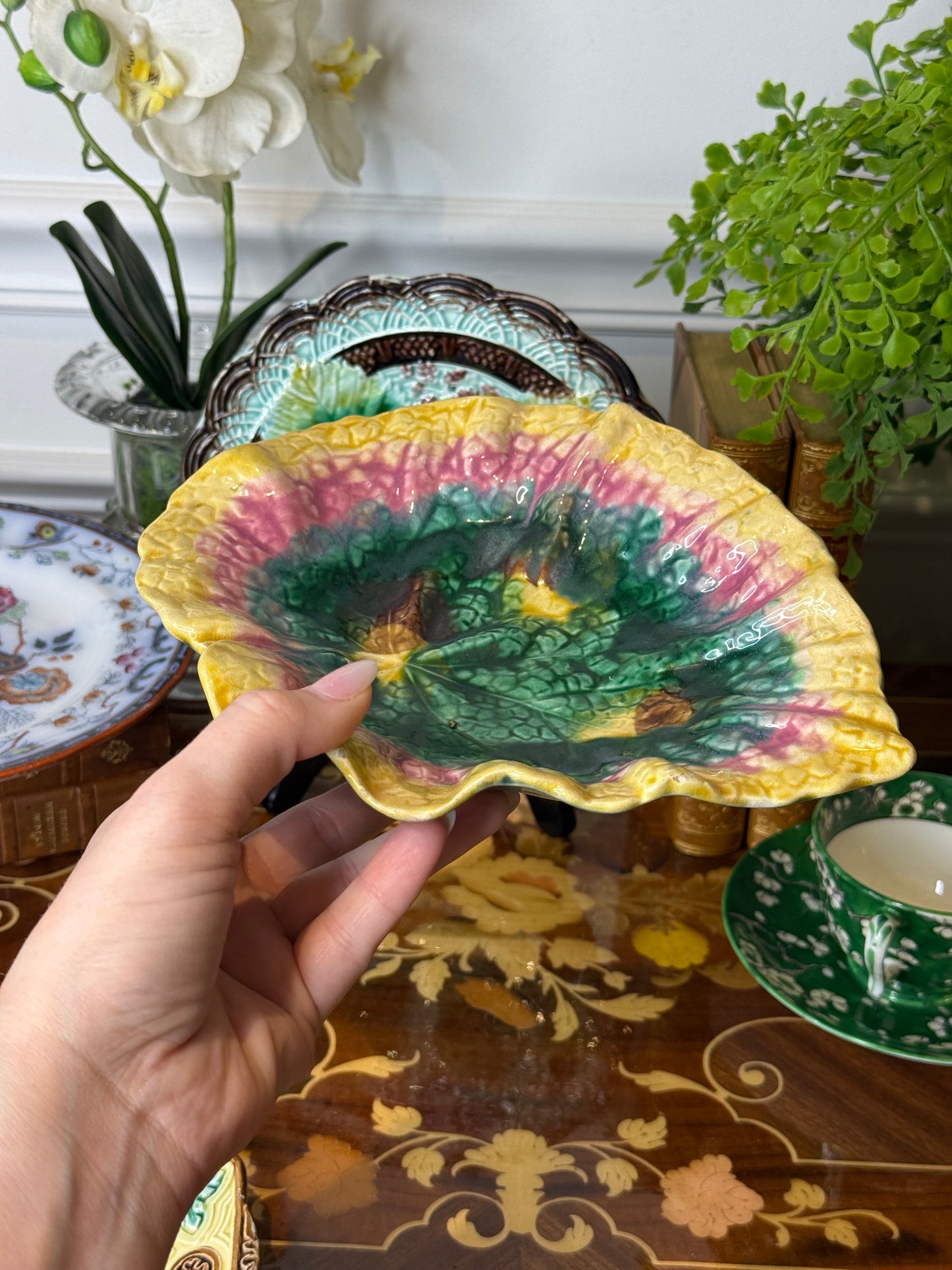Antique Griffin, Smith & Hill (GSH) Majolica Begonia Leaf Dish | 9” | American Art Pottery