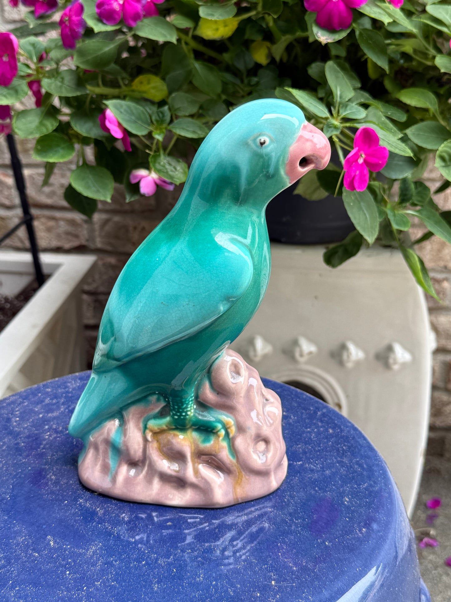 Antique Majolica Turquoise Parrot Figurine | 8.5” H