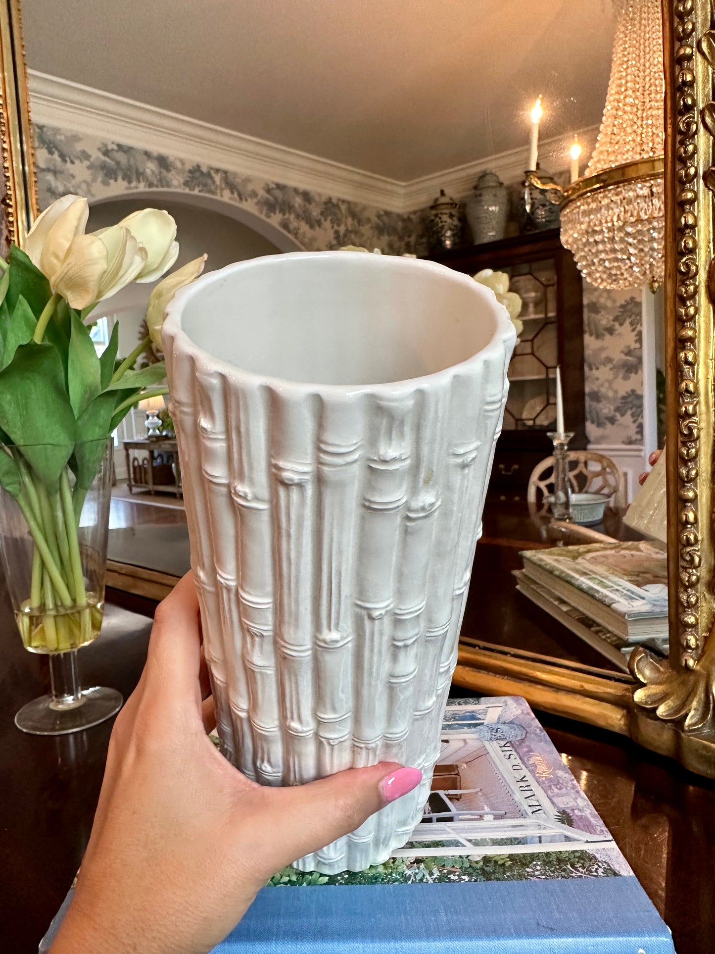 Fabulous Vintage Italian Faux Bamboo Vase Creamy White