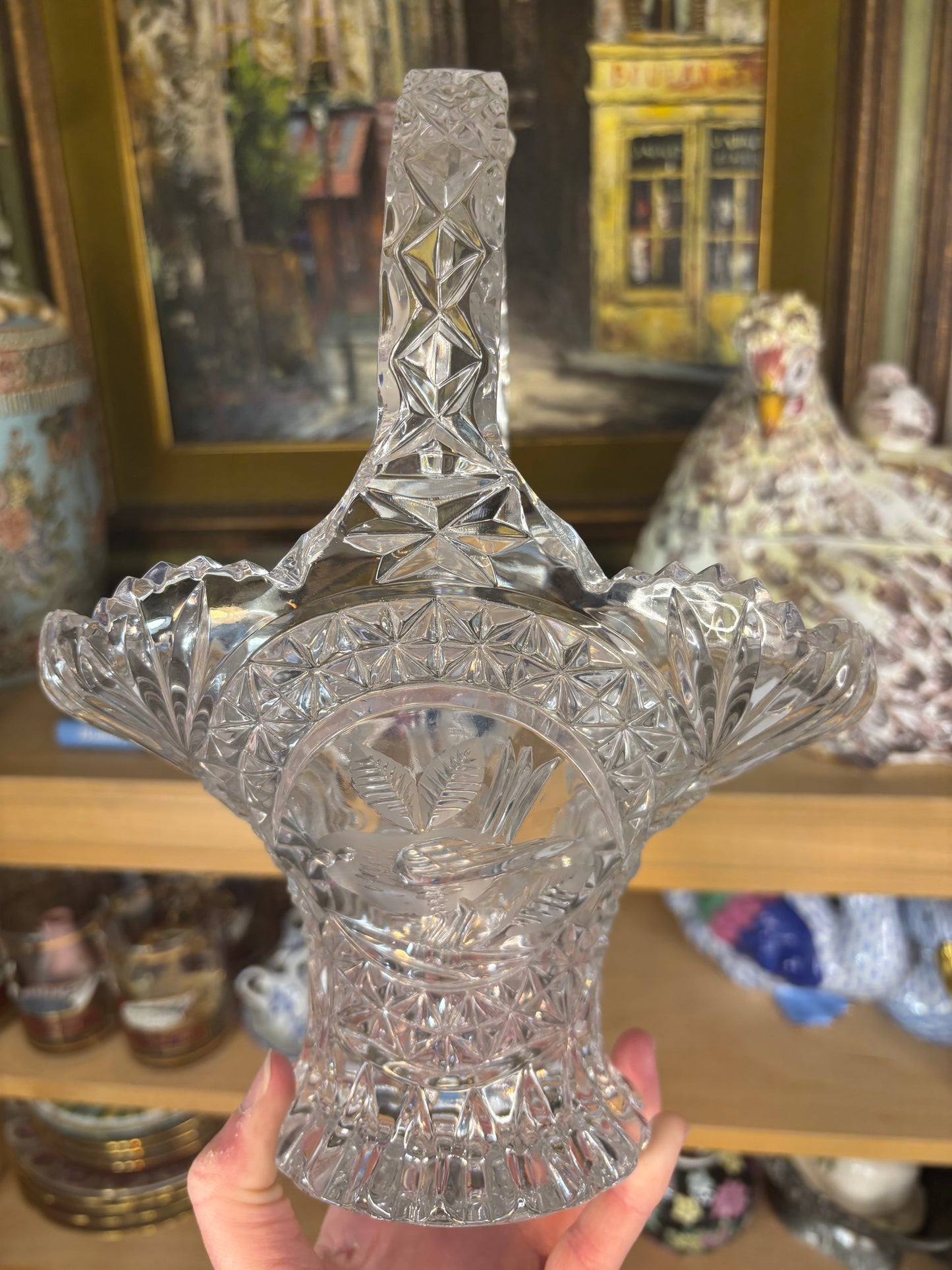 Vintage Hofbauer "Byrdes" Collection crystal basket with cut crystal and bird designs!
