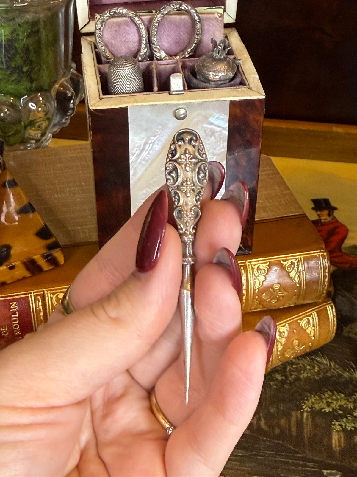 Antique Victorian Tshell & Mother-of-Pearl Sewing Etui | Complete Fitted Sewing Box | Lavender Satin Interior | Jackson-Mitchell Provenance | 4”