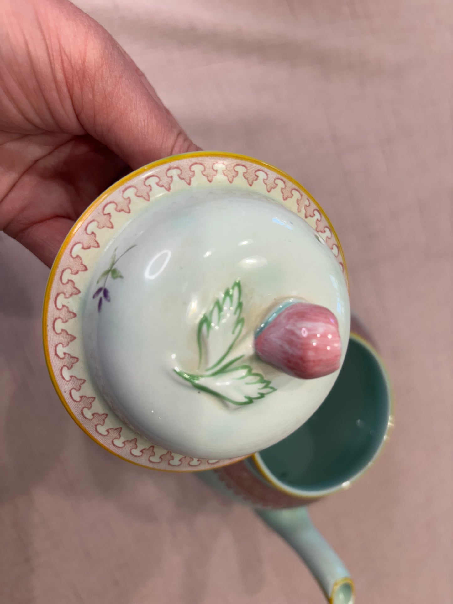 Antique Adams Calyx Ware teapot in the Lowestoft pattern featuring a mint green or duck egg blue color with floral patterns! As is!