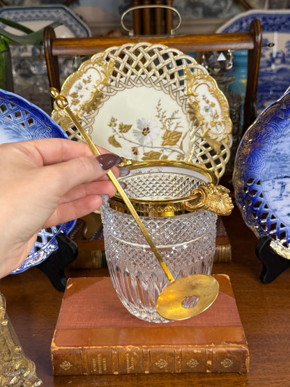 Cut Crystal Ice Bucket with Gilt Metal Mounts & Ladle | Clear & Gold | Vintage | 6” H × 7” W | #DA4598