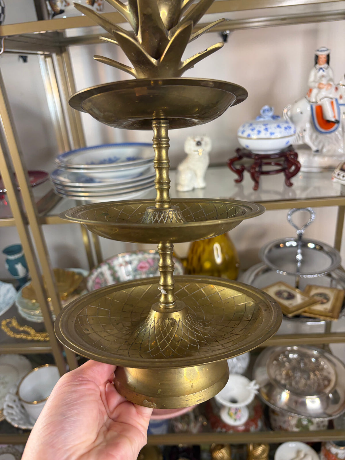 Gorgeous 14” three tiered pineapple brass tray!