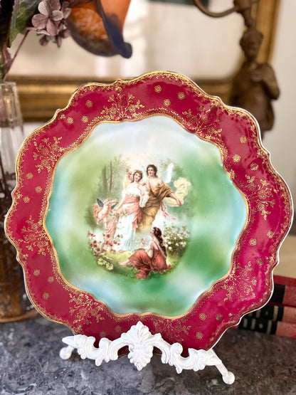 Large Raspberry Scalloped Edge Ethereal Wall Plate With Cherubs Austrian 12 1/2”