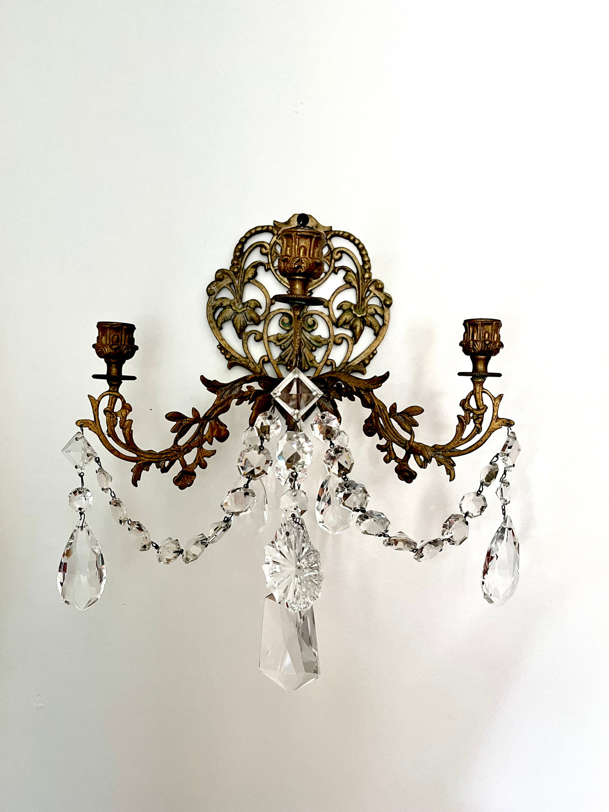 RESERVED -  laina.pkp - Live 09/08 Stunning Pair of Antique French Bronze Crystal Two-Arm Wall Sconces | Ornate Louis XV Style