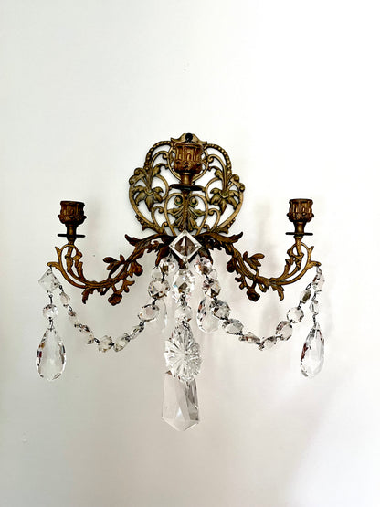 RESERVED -  laina.pkp - Live 09/08 Stunning Pair of Antique French Bronze Crystal Two-Arm Wall Sconces | Ornate Louis XV Style