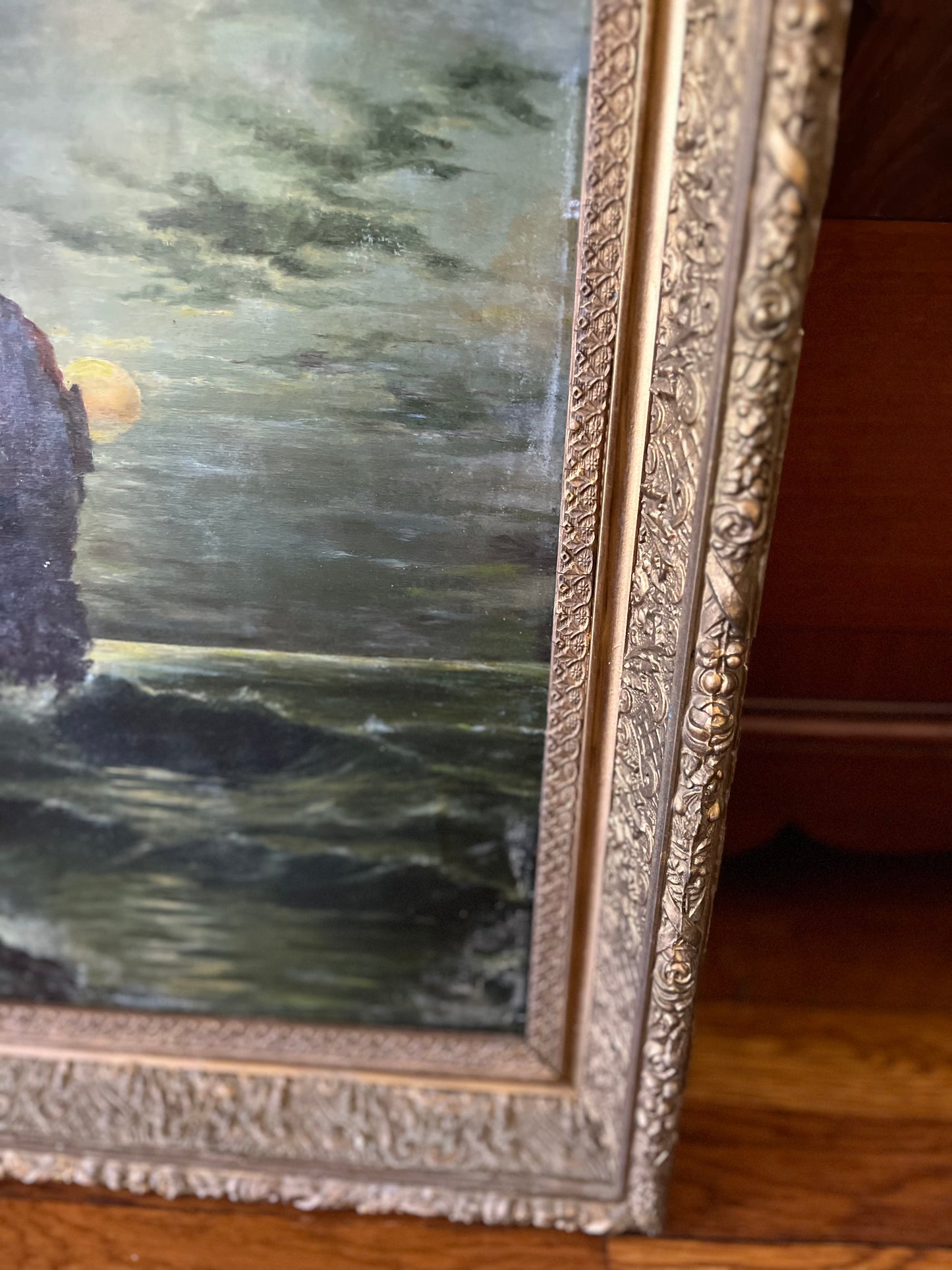 Sold Reserved Estate Antique Moody Coastal Seascape Original Fine Oil Paintings in Gilt Frames | Pair
