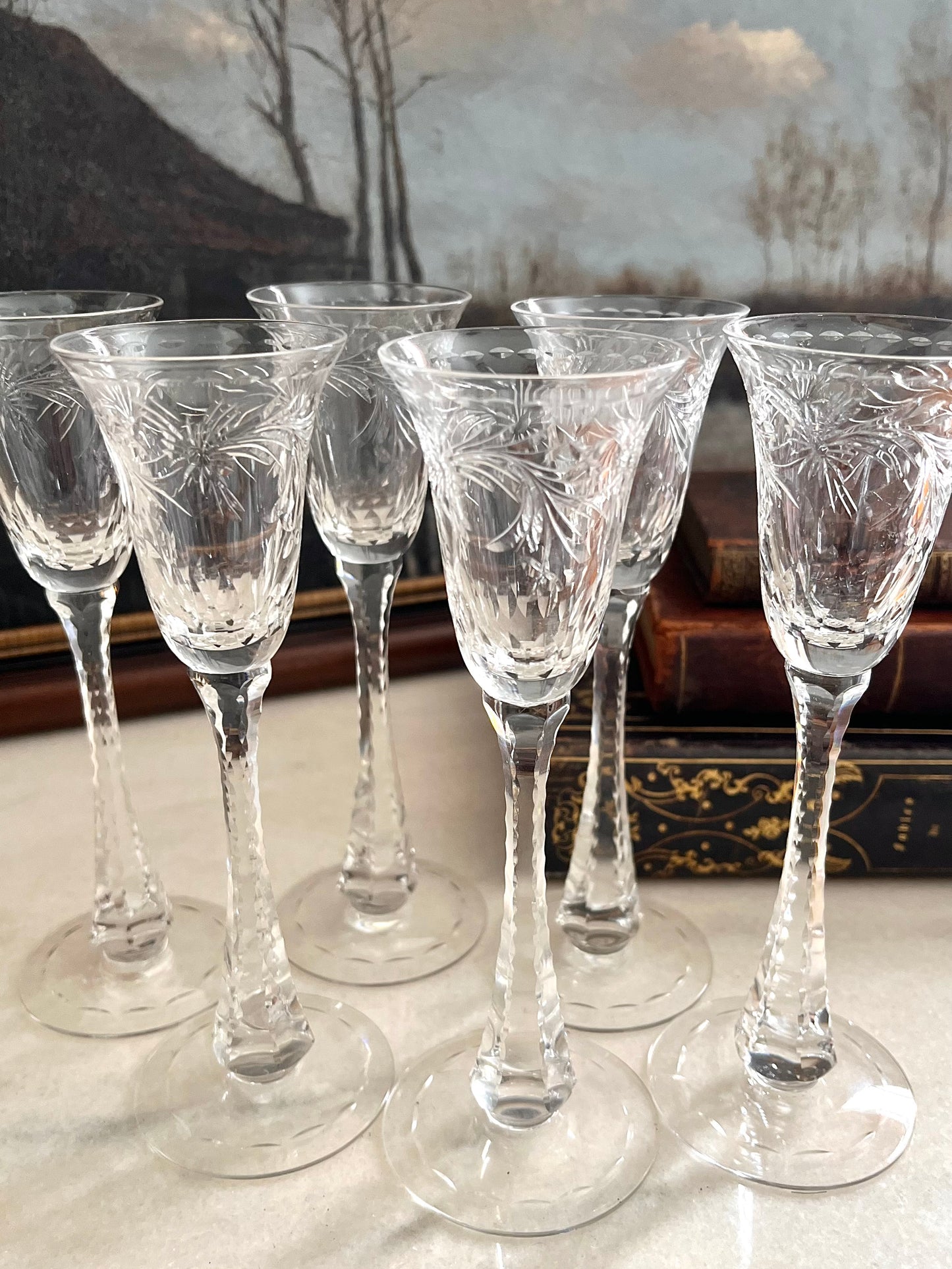 Elegant Edwardian Set of Six T. G. Hawkes “Clarendon” Crystal Cordial Glasses