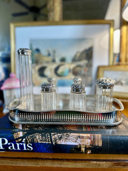 Beautiful Victorian Mappin & Webb Cut Glass & Sterling Silver Vanity Set, c. 1896