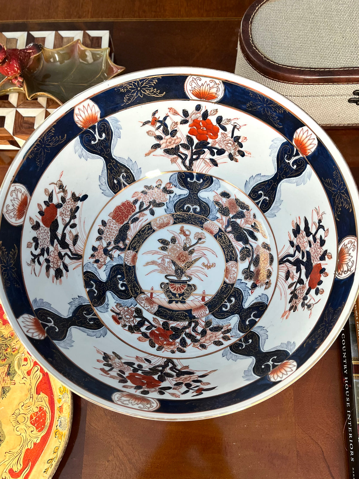 Large Imari Hand Painted Punch Bowl With Ornate Wood Stand