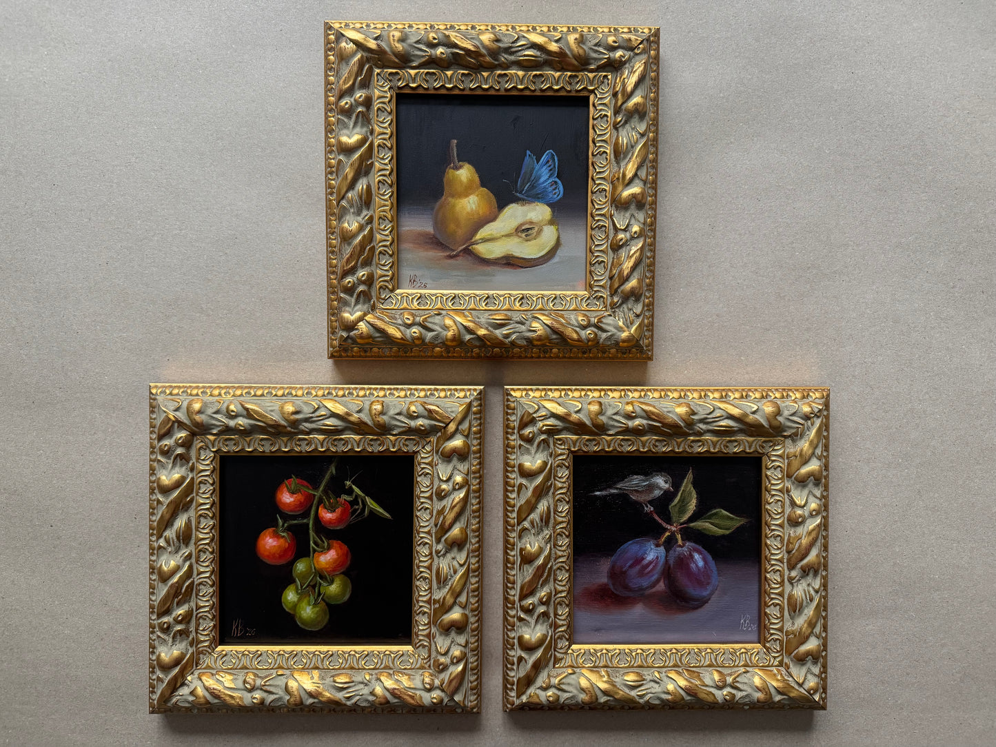 Plums and a sparrow original oil painting 9.5x9.5”