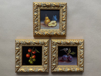 Plums and a sparrow original oil painting 9.5x9.5”