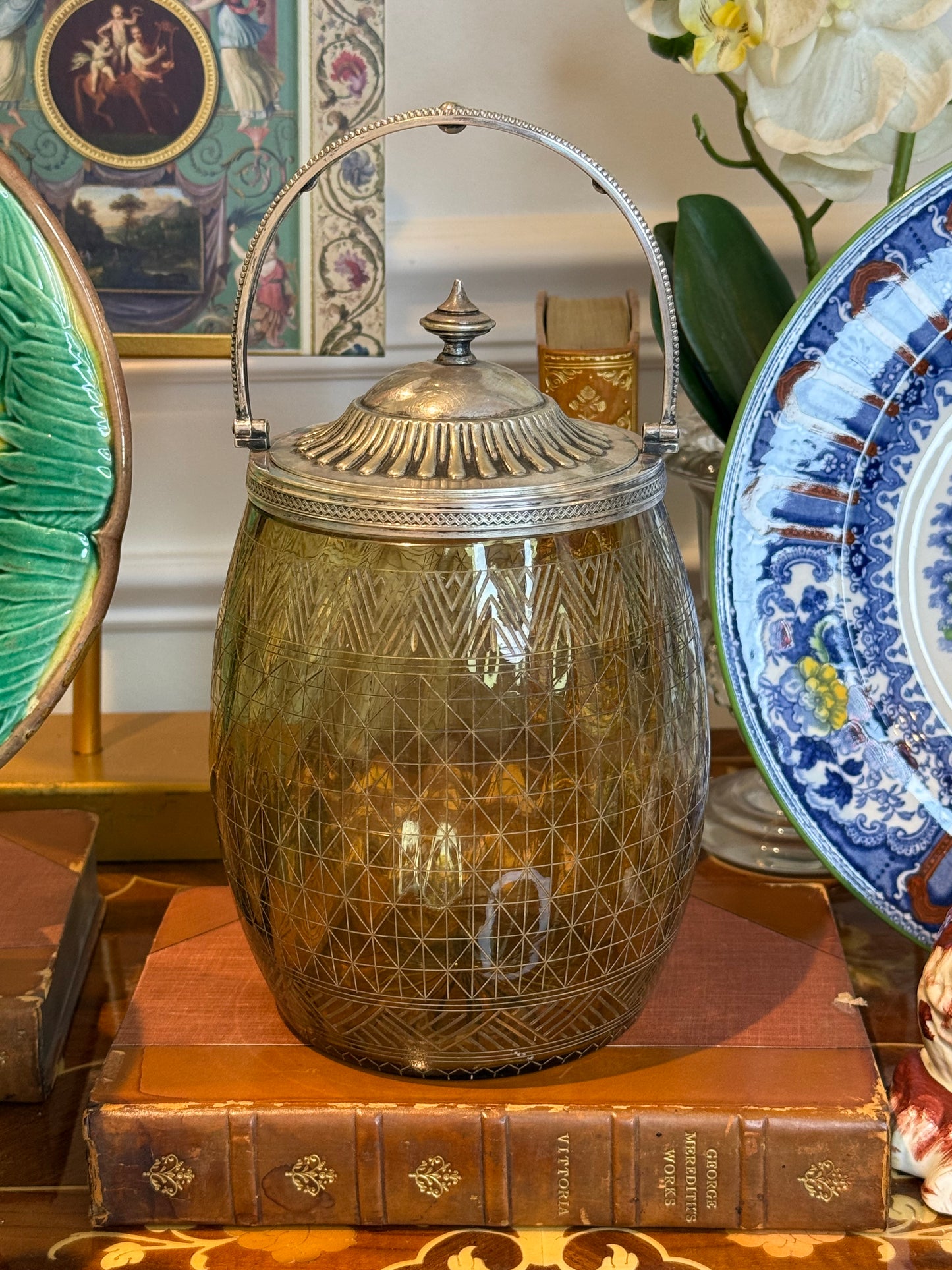 Antique Elkington & Co. Silverplate Mounted Amber Etched Glass Biscuit Barrel c.1900