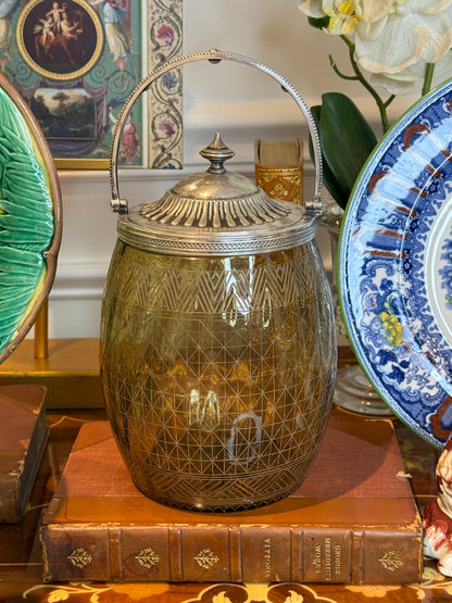 Antique Elkington & Co. Silverplate Mounted Amber Etched Glass Biscuit Barrel c.1900