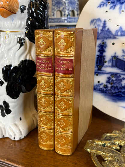 Antique French Leather Bound Book Pair | Les Cent Nouvelles Nouvelles & Lettres de Mon Moulin | Paris Editions | DA4259