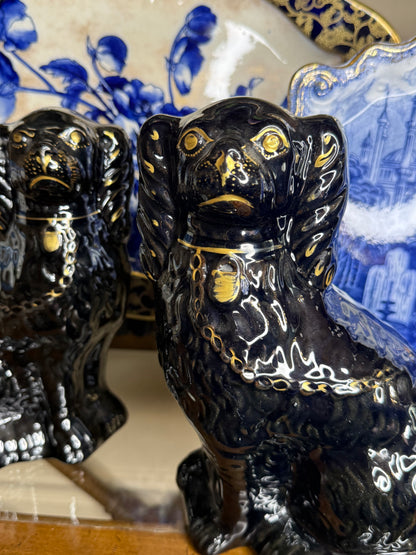 Antique 19th Century Black Staffordshire Spaniel Dog Pair | Style DA4420 | 9.5” Tall
