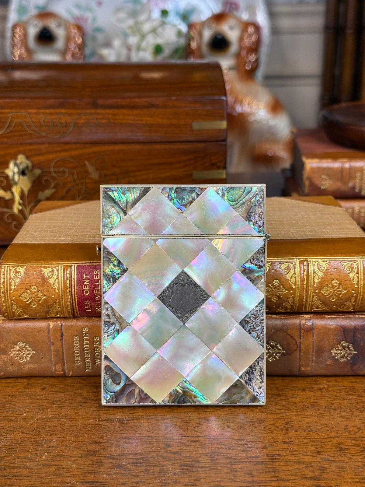 Antique Victorian Mother of Pearl & Abalone Calling Card Case with Sterling Silver Cartouche, c. 1880 – 3.25”