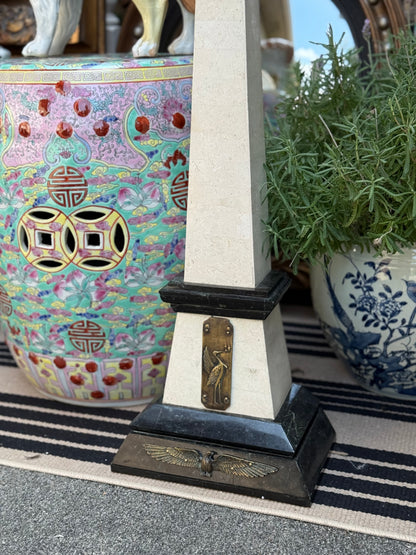 Maitland-Smith Marble & Brass Obelisk – Neoclassical Decorative Accent, Approx. 25” tall x 6.25”