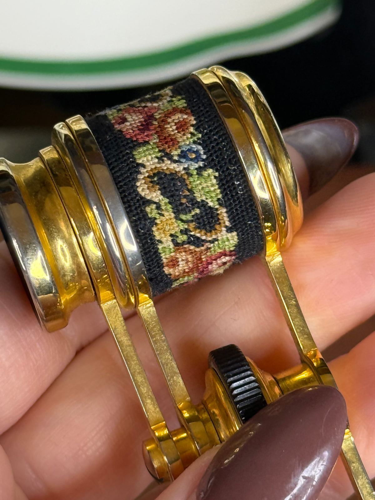 RESERVED - MOLLIE- Vintage French Petit-Point Opera Glasses, Floral Needlepoint & Gilt Metal Theater Binoculars, c.1930–1950, 3.5” W x 1.25” H