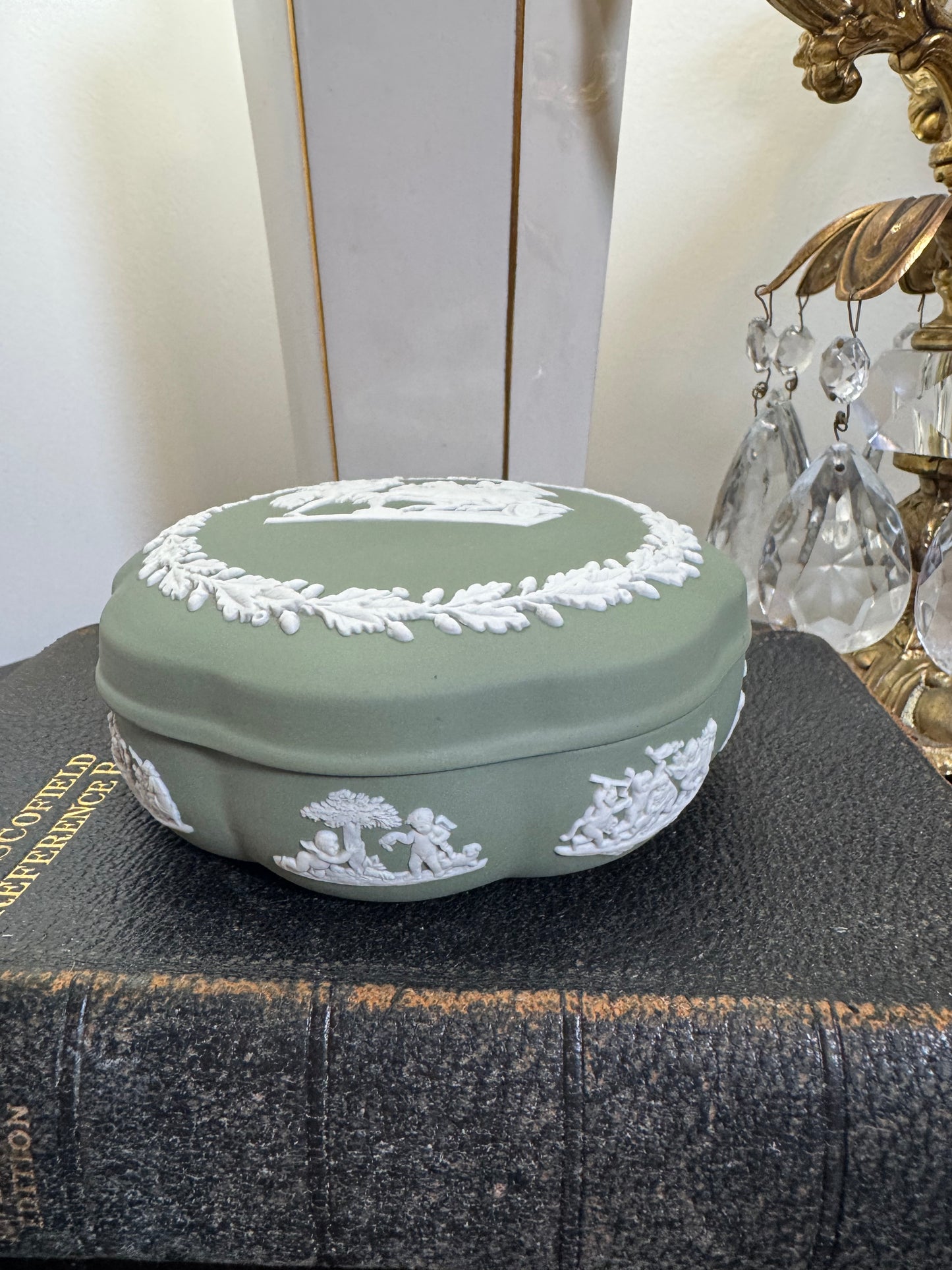 Wedgwood sage green and white flower shape box