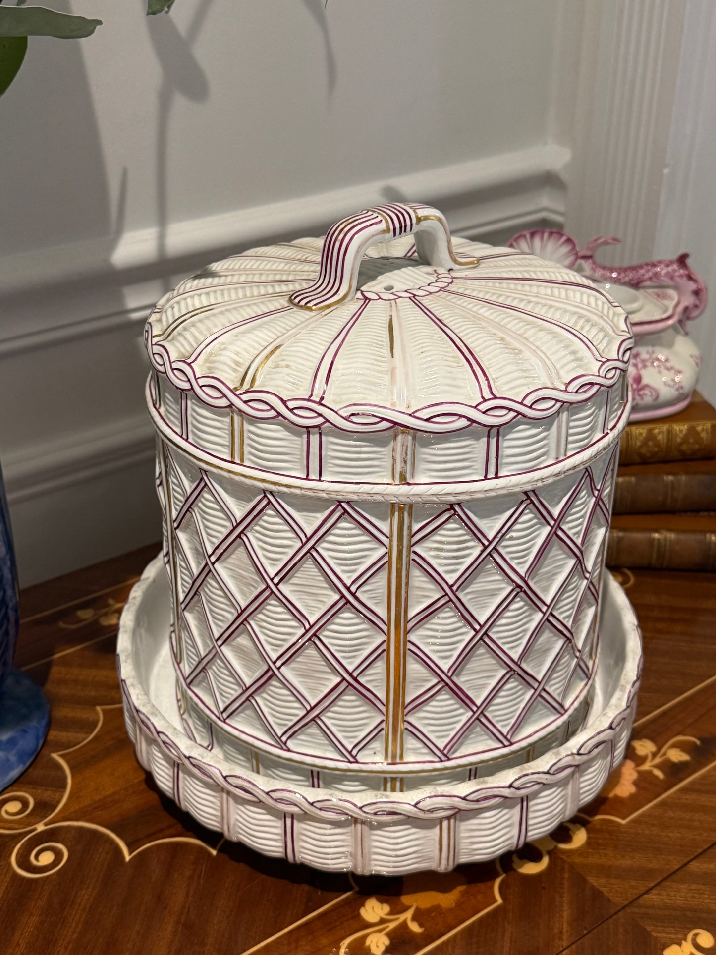 Antique 1880’s COPELAND Raspberry & Gold Lattice Covered Cake Dome on Stand, 11” Diameter, 10” Tall, D1322