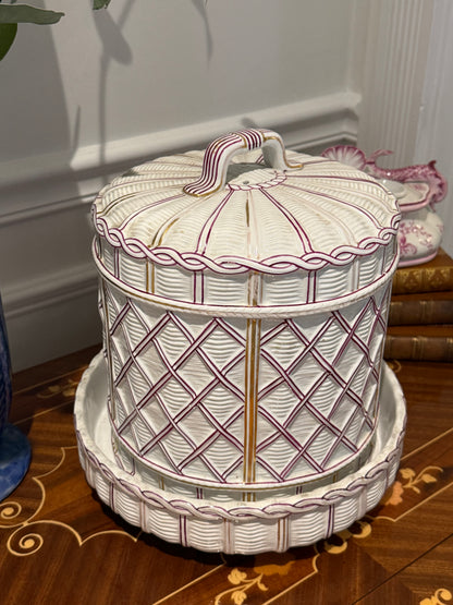 Antique 1880’s COPELAND Raspberry & Gold Lattice Covered Cake Dome on Stand, 11” Diameter, 10” Tall, D1322