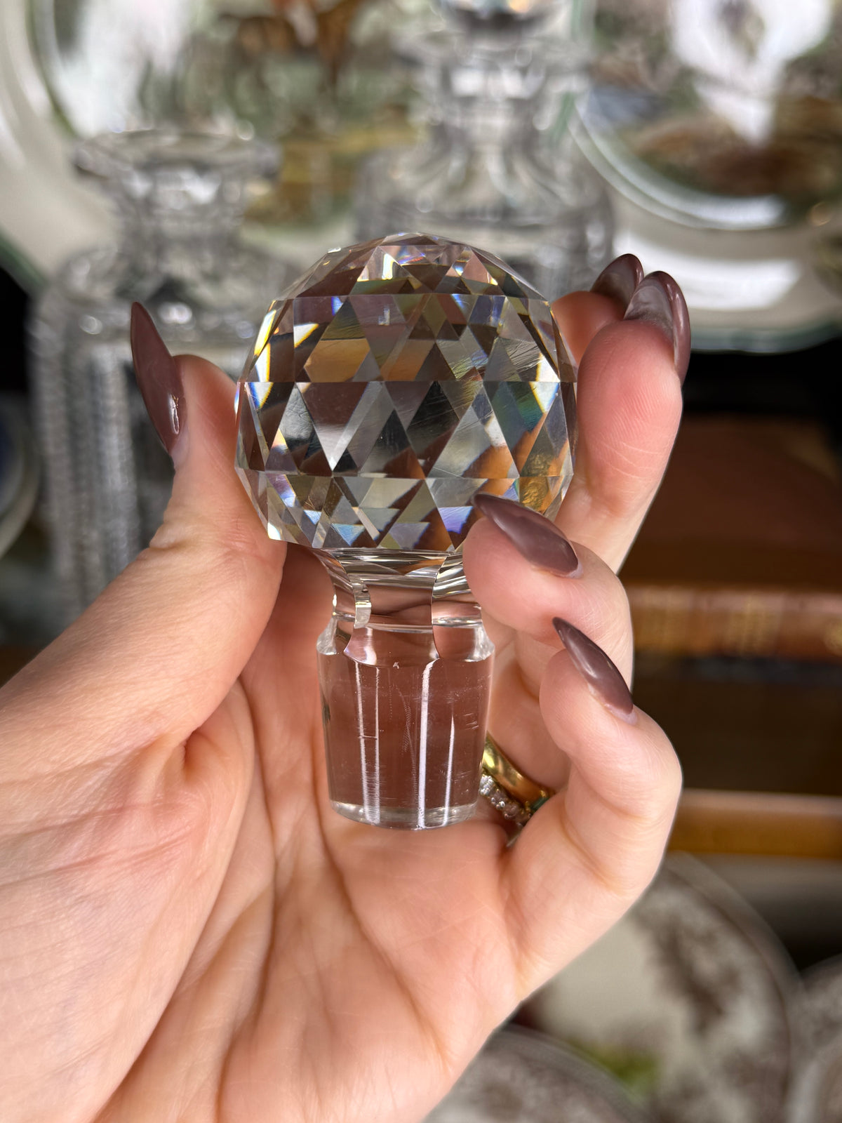Antique T.G. Hawkes Cut Crystal Brandy & Whiskey Decanters, Pair with JBB Monogram & Faceted Stoppers, c.1900–1920, 8.5” H x 3” W | Pair