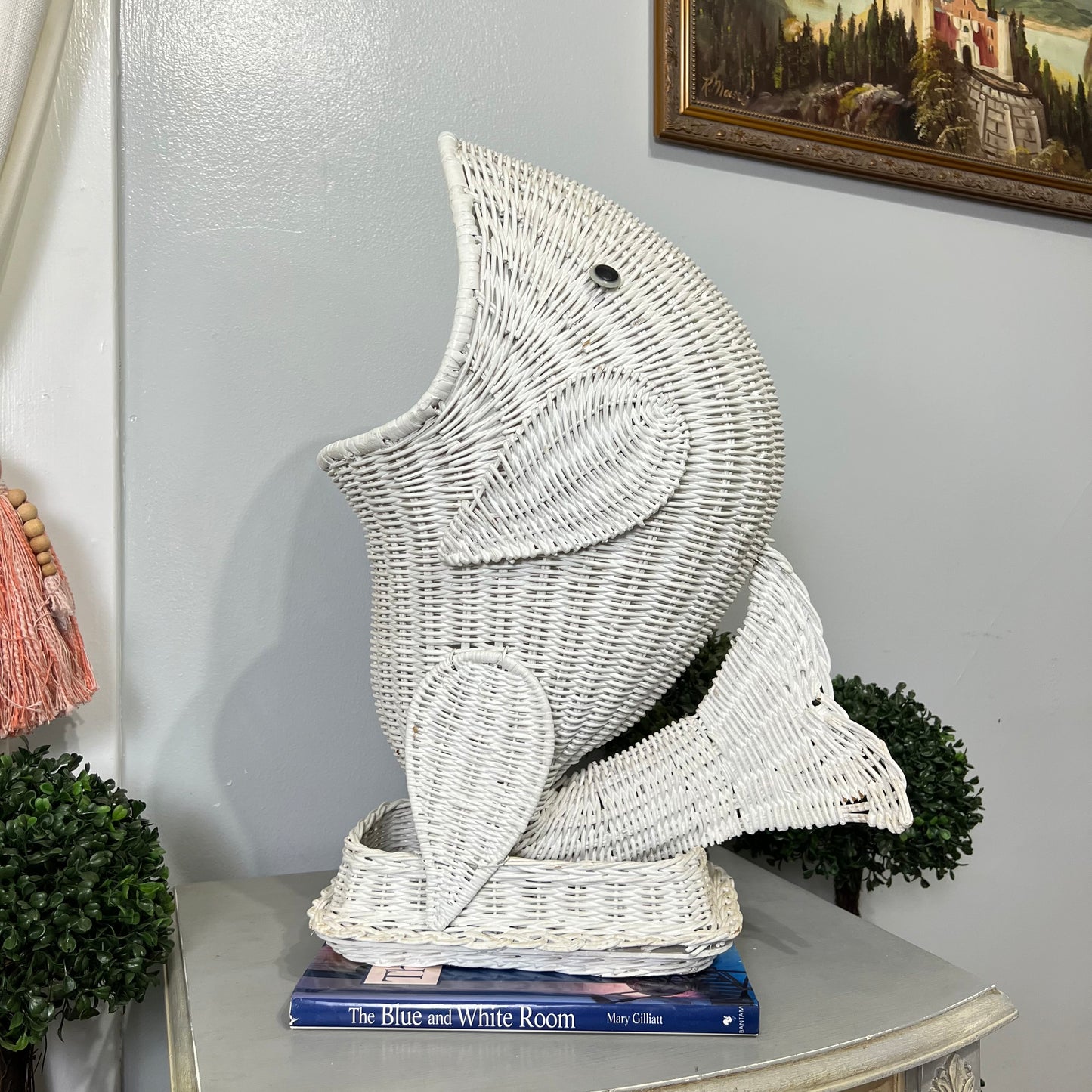 White Hand-Woven Rattan Dolphin Storage Basket Sculpture 1970 Bohemian Chic