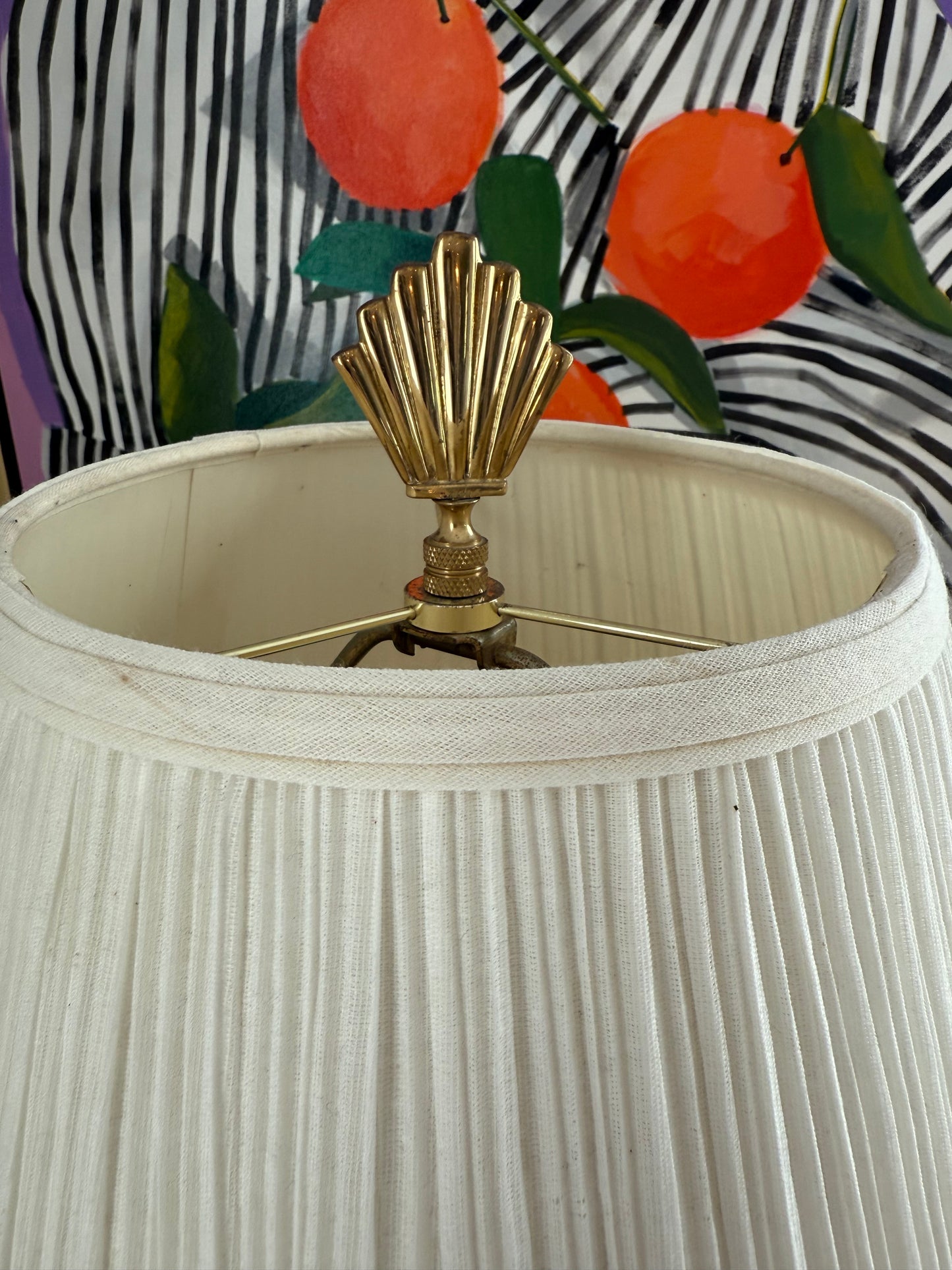 Vintage Porcelain Coral Orange Chinoiserie 28” Lamp w/ Brass Fan Finial