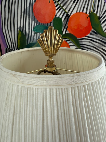 Vintage Porcelain Coral Orange Chinoiserie 28” Lamp w/ Brass Fan Finial