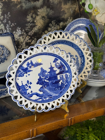 Pair of Antique Pearlware Blue & White Willow Pierced Oval Plates, 9.5" & 10"D | c.1800 | DA4541 & DA4542