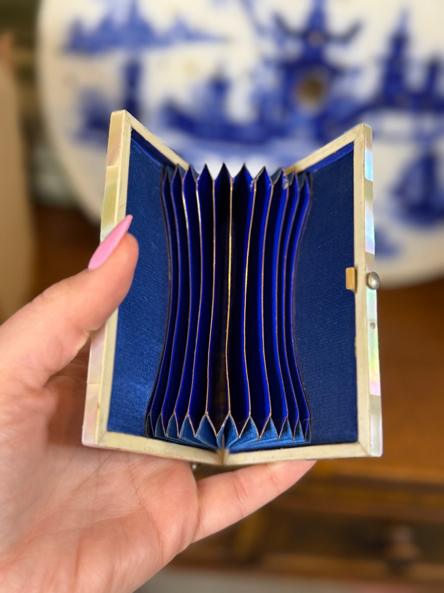 RESERVED - Antique Mother-of-Pearl Accordion Calling Card Case | Abalone Trim | Victorian Era | 4” x 3”
