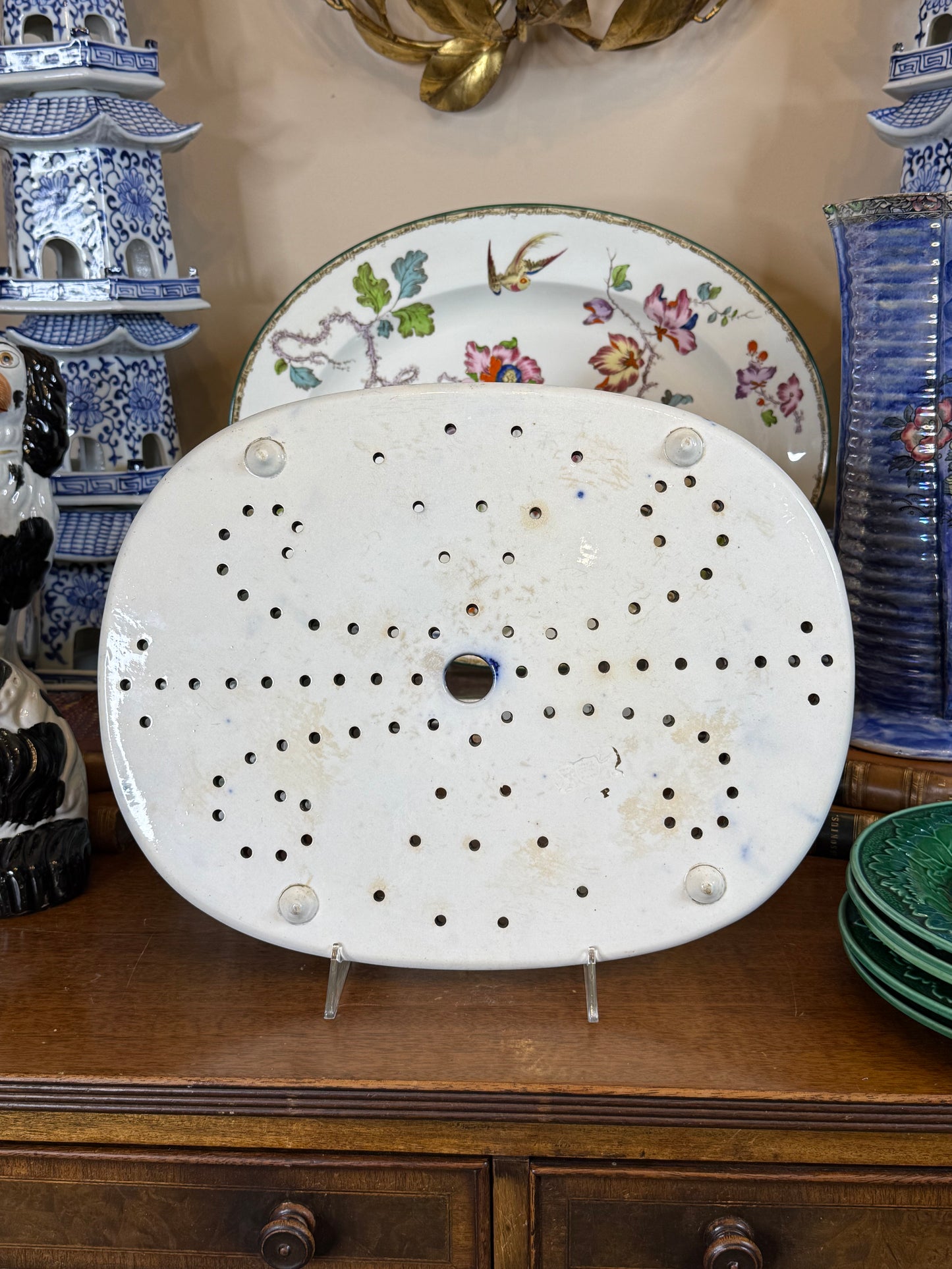 Antique 15X12"  Ridgway Flow Blue Pagoda Drainer | c.1830 | Style DA4359