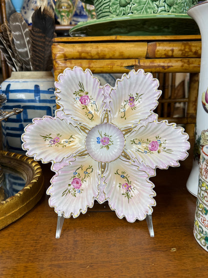 Antique Continental Pink & Gold Porcelain Ruffled Edge Oyster Plate | Hand-Painted Florals | c.1880s | 9” D