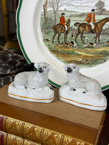 Antique Staffordshire Pair of Black-Faced Sheep Figures, White Glazed Pottery with Gilt Line, English, c.1860–1880, 3” W x 2.5” H | #DA4424