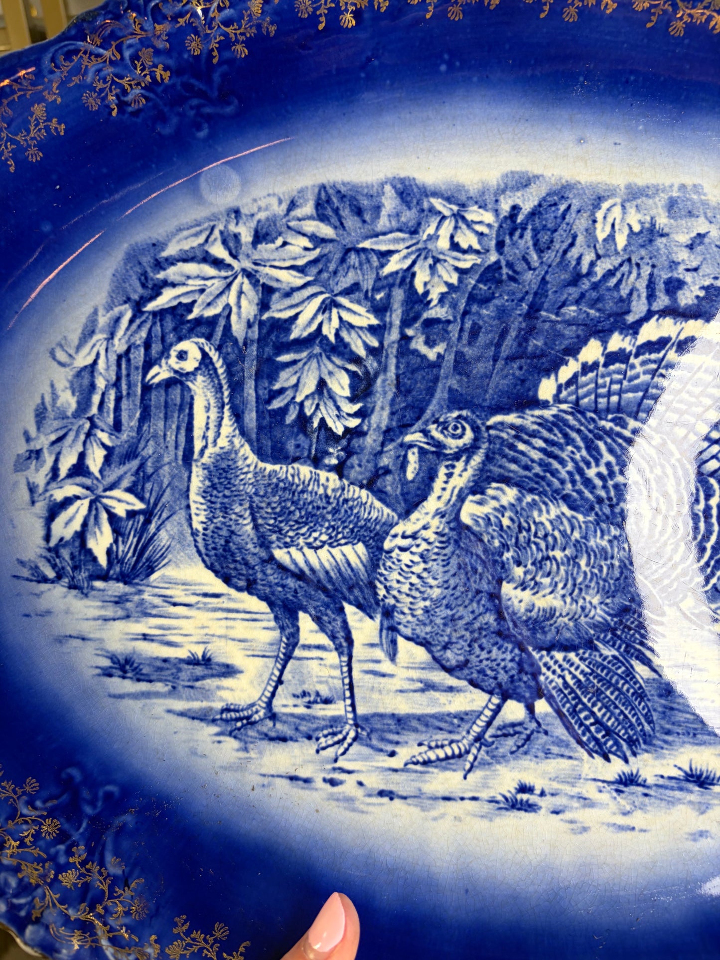 Antique flow blue turkey platter with gold details!