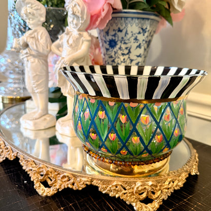 Vintage Painted glass faux MacKenzie-Childs Inspired black/white botanical  painted vase 8 x 5.5