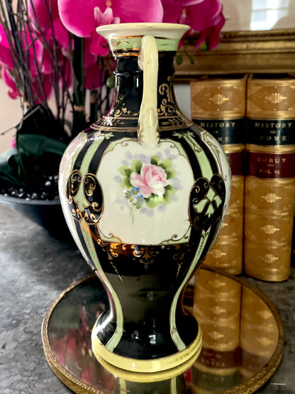 Antique Nippon Moriage Bolster Vase - Rare Black Ground, circa 1891–1921