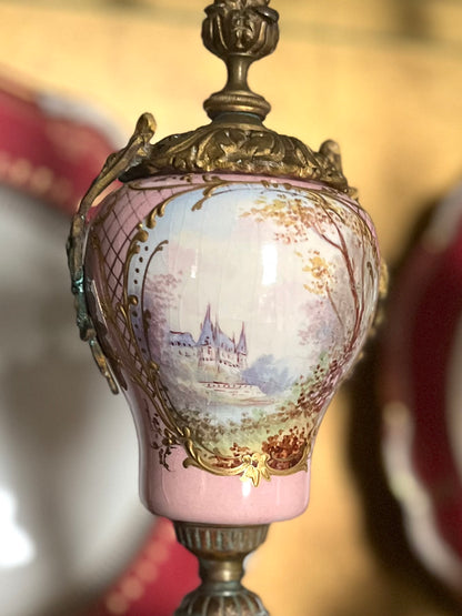 Antique French Sevres Style Porcelain & Bronze Ormolu Garniture Urns – Hand Painted Landscapes